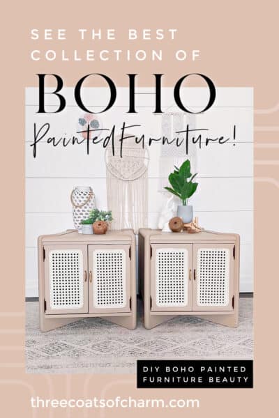 Blush beige boho style painted side tables with cane ratan, macrame wall hangings and plants